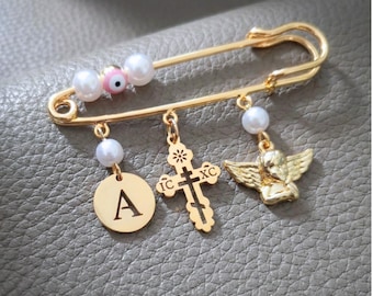 Orthodox Cross Baby Pin, Gold Byzantine IC XC Charm Baptism Jewelry