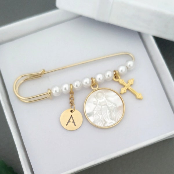 Bijoux catholiques vierges en or personnalisés pour la bénédiction, croix personnalisée en nacre Saint Mary Safety Pin Brooch