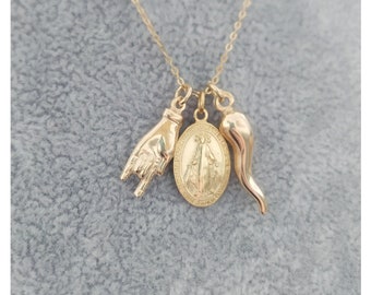 Italian Horn Hand Virgin Mary Necklace Gold Stainless Steel doesn't tarnish