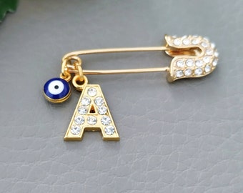 Evil Eye Pin, Personalized Initial Pin, Custom Evil Eye Safety Pin, Personalized Baby Gift, Small Gold Baby Pin, Protection for Babies