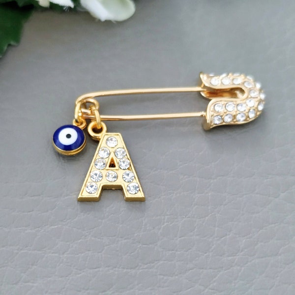 Evil Eye Pin, Personalized Initial Pin, Custom Evil Eye Safety Pin, Personalized Baby Gift, Small Gold Baby Pin, Protection for Babies