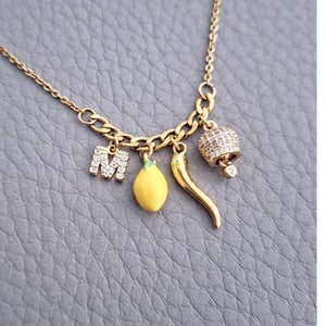 Lucky Bell Necklace, Personalised Italian Horn, Lemon Charm, Campanella di Capri Pendant, Portafortuna Jewelry Gift