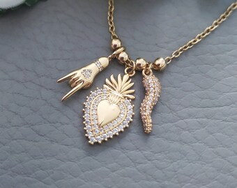 Sacred Heart Necklace, 18K GOLD Plated Bling Italian Horn Pendant, Mano Cornuto Jewelry, Cornicello Italy Gifts