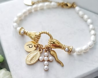 Cornicello Natural Pearls Bracelet, Personalized Italian Horn Charm Bangle