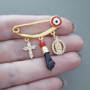 Azabache Pin with Black Higa Charm, Mal De Ojo Brooch