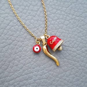 Good Fortune Trio Charms, Italian Capri Bell Necklace, Gold Cornicello Pendant, Red Evil Eye Jewelry