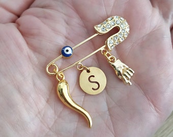 Beautiful Italian Horn Evil Eye Protection, Personalized Baby Pin, Gold Safety Pin, Italian Horn Jewelry, Mano Fico Amulet, Figa Charm Pin