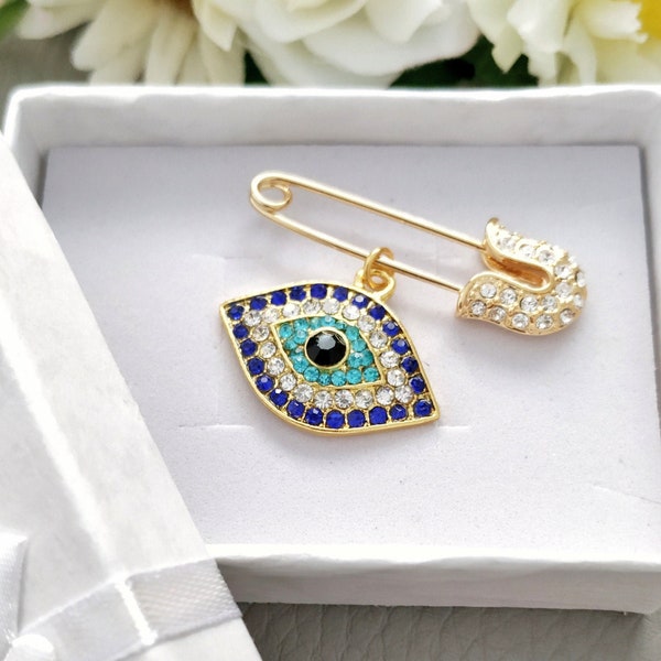 Evil Eye Charm Safety Pin, Small Diamante Protective Brooch
