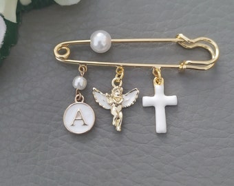 Beautiful Cross Brooch, Custom Gold Angel Brooch Pin, Baptism Baby Cross Pin, Christening Gift, New Mom Gift, Blessed Charm