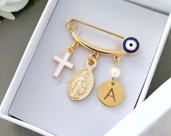 Evil Eye Protection For Babies, 24 k Gold Plated Virgin Mary Personalized Baby Safety Pin Brooch, Baby Shower Gift, Christening Baptism Gift