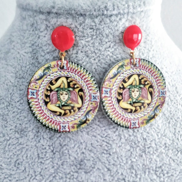 Sicilian Earrings, Vintage Trinacria Large, Traditional Jewelry, Italian Gifts