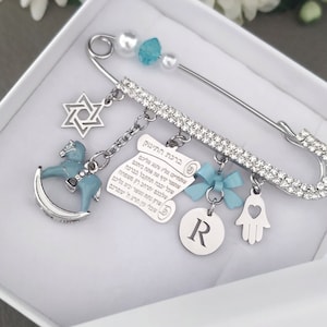 Star of David Stroller Pin Boy or Girl, Personalized Baby Brooch for Jewish New Born, God Bless Hebrew Blessing Jewelry Gift