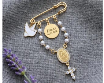 Broche de Rosário Infantil com Pingente de Pomba, Broche Personalizado para Batismo, Presente Personalizado para Menino ou Menina