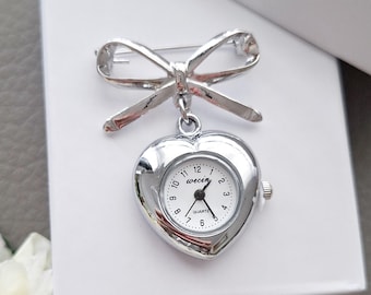 Retro Lapel Watch, Small Silver Bow Fob Watches, Bowknot Pocket Timepiece, Nurses Teachers Gift