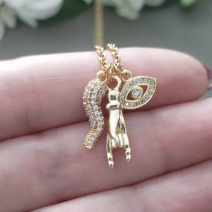 Dainty Italy Horn Necklace, Italian Hand Pendant, Iced out Gold Eye Charm, Malocchio Jewelry