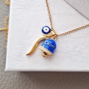 Italian Malocchio Necklace, Blue Capri Bell Pendant, 18 K Gold Plated Cornicello Jewelry, Italia Gifts