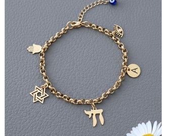 Bransoletka z zawieszką Hamsa Chai, biżuteria z gwiazdą Dawida, bez matowienia
