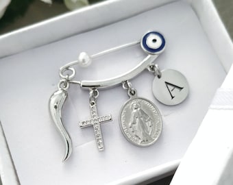Silver Italian Horn Charm Safety Pin, Italian Baby Gifts, Personalized Baby Pin, Italian Horn Cornicello Malocchio