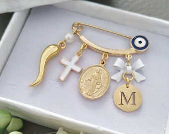 Personalized Baby Pin, Gold Italian Horn Safety Pin, Virgin Mary Cross Baby Pin, Stroller Pin Gender Neutral, Italian Horn Cornicello