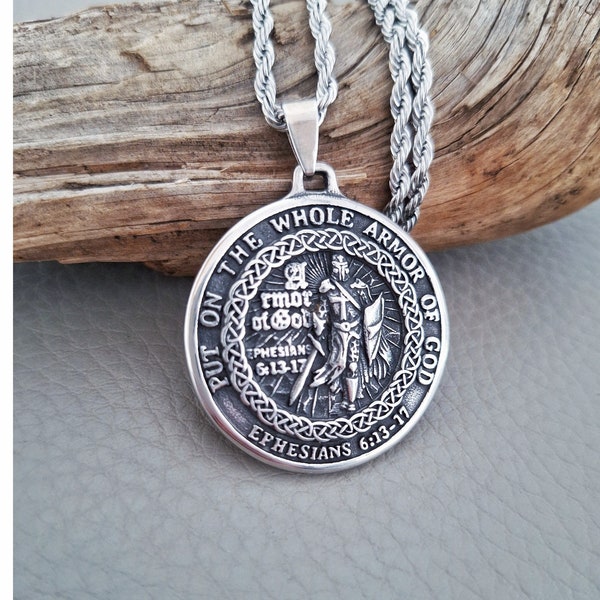 Armor Of God Necklace, Shield of Faith, Ephesians 6:13, Large Pendant, Stainless Steel Gift for Him