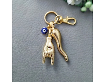 Italian Horn Keychain, Gold Maloik Hand, Mano Cornuto Bag Charm, Lucky Scaramanzia