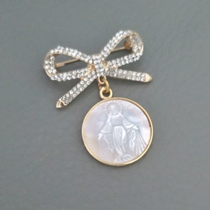 Gold Miraculous Medal Jewellery, Pearl Virgin Mary Brooch Pin, Shell Virgin Mary Charm Jewelry, Gift for Her