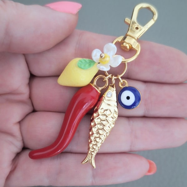 Italiaanse tashangers, rode cornicello, boze oog, sardine, sleutelhanger citroen