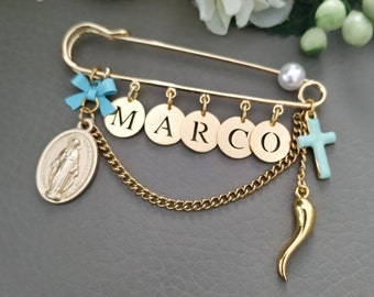 Épingle corne italienne dorée, épingle bébé personnalisée, épingle à nourrice italienne garçon fille, épingle croix Vierge Marie pour poussette, cadeaux de baby shower, cornicello