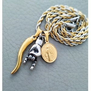 Men's Italian Horn Necklace, Two Tone Madonna & Mano Cornuto Pendants