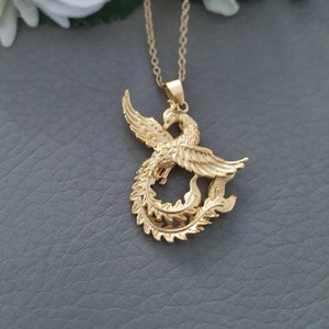 Fire Bird Necklace, 18 k Gold Filled Phoenix Sculptured Pendant, Double Sided Fenix Jewelry