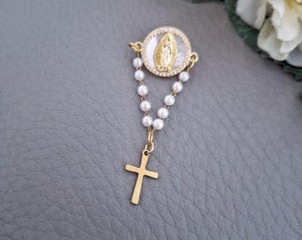 Elegant Baptism Rosary Pin Brooch, Carved Mother of Pearl Virgin Mary Jewelry, Child Cross Christening Gift Boy Girl, Gender Neutral Gifts