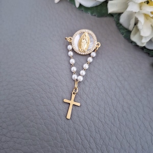 Elegant Baptism Rosary Pin Brooch, Carved Mother of Pearl Virgin Mary Jewelry, Child Cross Christening Gift Boy Girl, Gender Neutral Gifts