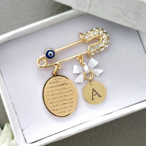 Ayatul Kursi Islam Muslim Surah Pin Brooch Jewelry with Initial and Evil Eye Nazar, Silver or Gold, Eid Gifts, Islamic Gift