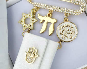 Tehillim Stroller Pin, 18k Gold Plated Zirconia Jewelry, Jewish Baby Gift