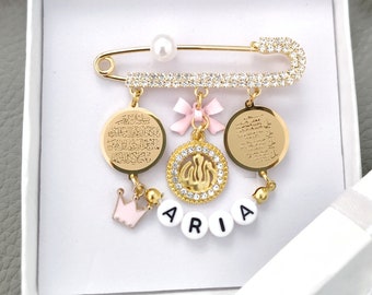 Personalized 4 Qul Ayatul Kursi Allah Pink Blue Diamante Baby Pin, Islam Muslim Baby Brooch, Allah Charm Pin