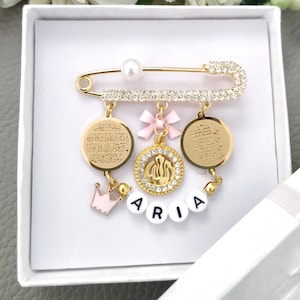 Personalized 4 Qul Ayatul Kursi Allah Pink Blue Diamante Baby Pin, Islam Muslim Baby Brooch, Allah Charm Pin