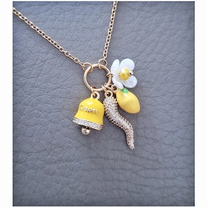 4 Charms Sicilian Necklace, Majolica Lemons, Traditional Jewelry, Italian Gifts