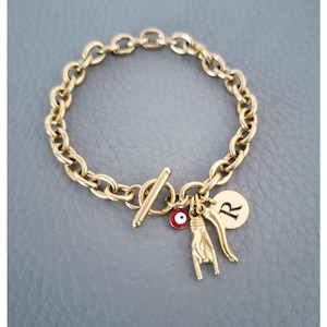 8mm Chunky Cornicello Bracelet, Gold Mano Corna Stainless Steel Jewelry, Evil Eye Protection, Personalized Italian Gift Unisex