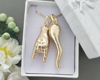 Extra Large Italian Horn Necklace, Large Mano Cornuto Cornetto Necklace, Gold Italy Horn Pendant Necklace, Protection Amulet, Italian Gifts