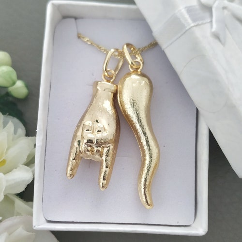 Gold Italian Hand Horn Necklace Mano Cornuto Lucky Amulet Etsy