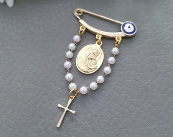 Elegante doop rozenkrans pin broche, Maagd moeder Maria sieraden, kind kruis doop geschenk jongen meisje Unisex