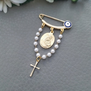 18k Rosary Baptism Pin, Virgin Mary Medal Baby Brooch, Catholic Child Keepsake  Gift