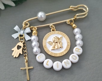 Guardian Angel Baby Pin, Watch Over and Protect Cherub Pin Broche, Custom Boy Girl Doop Doop Geschenken Keepsake, Pearl Gold Safety Pin