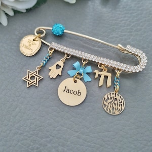Hebrew Name Pin for Stroller, Jewish Baby Blessing Prayer Brooch, Chai, Shema Star of David, Birkat Kohanim Jewelry, Welcoming New Born Gift
