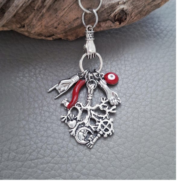 Cimaruta Amulet Keychain, Antique Silver Cornicello Bag Charm, Italian Folk Magic Keyring Accessory