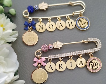 Personalized 4 Qul Ayatul Kursi Allah Pink Blue Diamante Baby Pins, Islam Muslim Baby Pin, Allah Large and Small Pins Gift Set for Newborns