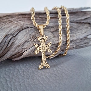 Armenian Khachkar Necklace, Gold Steel Cross Pendant, 3mm Rope Chain, Gift for Her Him