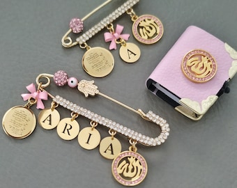 Fancy Muslim Gift Set for Baby, Personalized Name Muslim Gifts, Gold Allah, Four Quls, Ayat Kursi Baby Pin, Islamic Quran Personalized Pins