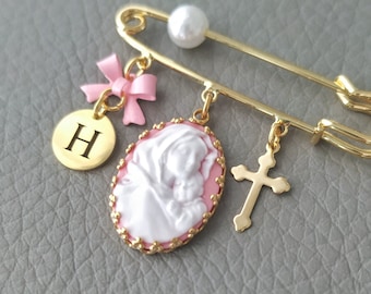 Personalized Baptism Gift, Mother Mary Baby Pin, Cross Brooch Goddaughter Godfather Godson Christening