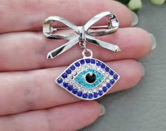 Bow Knot Silver Crystal Evil Eye Pin Brooch, Blue Ojo, Wedding Bouquet Charm